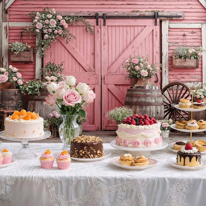 8x6ft Country Wedding Pink Photography Backdrop Rustic Wooden Barn Door Photography Backdrop Farmhouse Flower Western Girl Birthday Baby Shower Wedding Bridal Party Banner Photo Booth Props Background - Image 4
