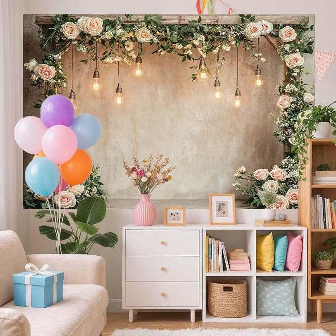 6x4ft Country Wedding Photography Backdrop Floral Rustic Roses Farmhouse Wooden Door Backdrop Pink Flower Birthday Baby Shower Wedding Bridal Party Banner Photo Booth Props Anniversary Background - Image 4