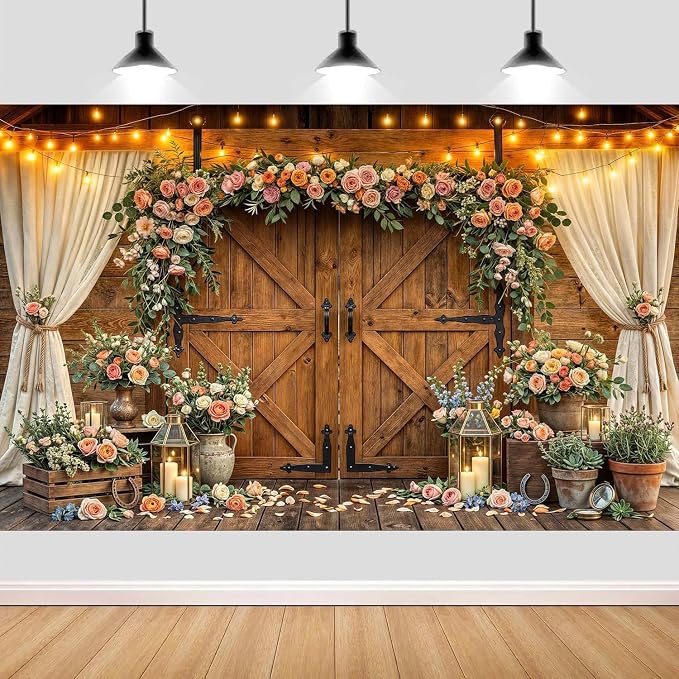 10x10ft Western Wedding Backdrop Rustic Barn Door Photography Backdrop Farmhouse Pink Flower Cabin Wooden Birthday Baby Shower Country Anniversary Bridal Party Banner Photo Booth Props Background - Image 5