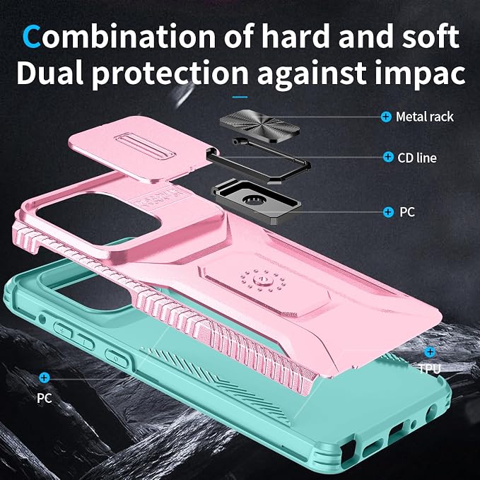 for Moto G Stylus 2025 Case,with Sliding Camera Lens Cover,HD Screen Protector,360° Rotating Kickstand, Military-Grade Shockproof Protective Cover for Motorola G Stylus 5G 2025,Pink+Turquoise - Image 4