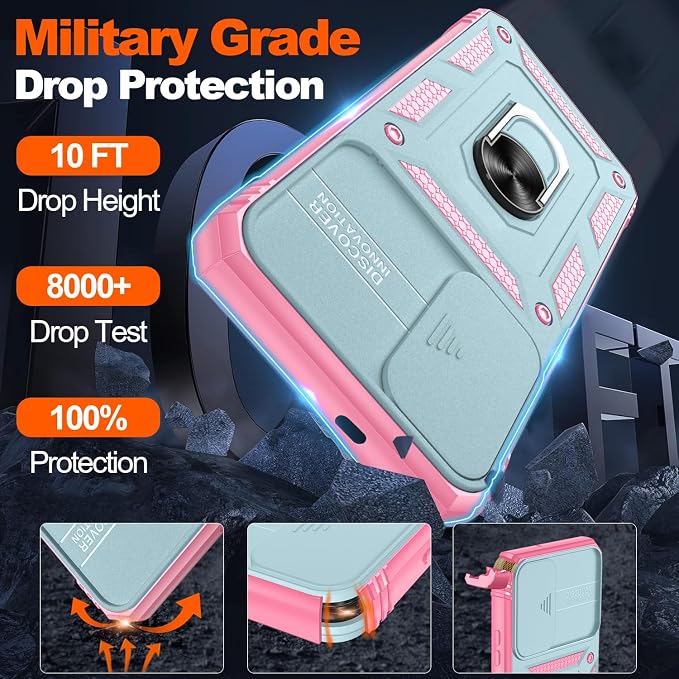 Gritup for Samsung Galaxy S26 Case with Slide Camera Cover | 2*Screen Protector, Build in 360° Rotating Ring Kickstand, Military Grade Protective Cover for Samsung S 26, Green+Pink - Image 3