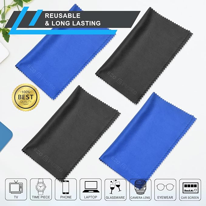 Eco-Fused Large Microfiber Cleaning Cloths - 4 Pack - 18 x 18 inch - Perfect for Wide Screen TVs, Large Computer Monitors- Also for Cleaning Glasses, Camera Lenses, Laptops and LCD Screens- Blue/Black - Image 2