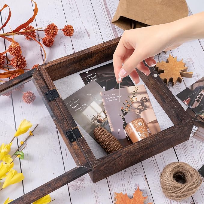 Muzilife 8x10 Shadow Box Picture Frame, 2.16 Deep, Real Glass, Honey Brown | FSC-Wood, Magnetic Door, Linen Interior & Pins, Vertical, Horizontal Wall Hanging, Display Case Frame for Photos & Keepsakes - Image 5