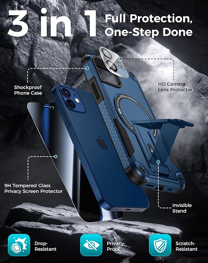 Goton 3 in 1 for iPhone 12 Case with Privacy Screen Protector Blue | Glass Camera Lens Protector,Compatible for MagSafe,Invisible Kickstand, Shockproof Phone Cover for iPhone12 - Image 3