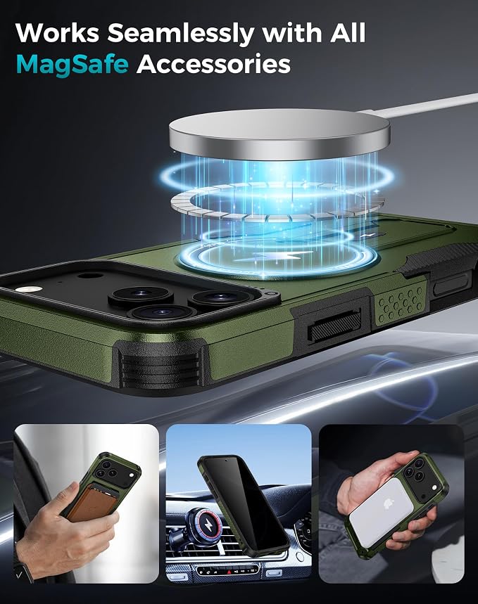 Goton 3 in 1 for iPhone 17 Pro Max Case with Privacy Screen Protector Green | Glass Camera Lens Protector,Compatible for MagSafe,Invisible Kickstand, Shockproof Phone Cover for iPhone 17 Promax - Image 6