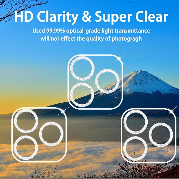 Dengduoduo 3 Pack Tempered Glass Camera Lens Protector for iPhone 15 Pro 6.1" & for iPhone 15 Pro Max 6.7", Bling Glitter Ultra HD, 9H Hardness, Anti-Scratch, Case Friendly [No Affect on Night Shots] - Image 3