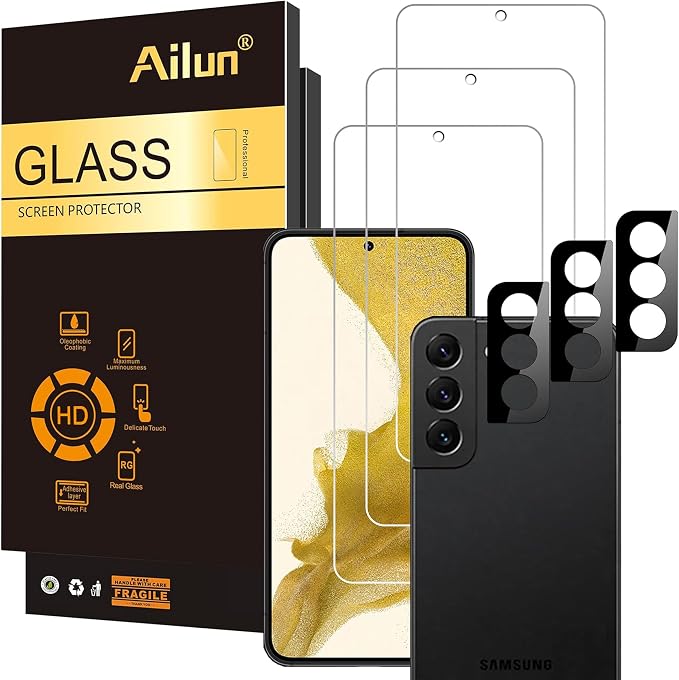 Ailun Screen Protector + Camera Lens Protector for Galaxy S22+/S22 Plus 5G | 3+3 Pack, 6.6 Inch, Tempered Glass, Fingerprint Unlock, 0.25mm, Clear, Anti-Scratch, Case Friendly by Ailun
