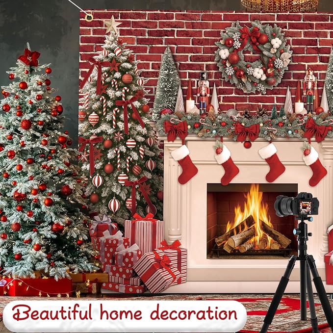 Peryiter Christmas Backdrop for Photography Xmas Tree Stocking Candy Gift Polyester Background Decoration Party Backdrop for Home Decoration Photo Studio Props(10x8 ft,Fireplace) - Image 6