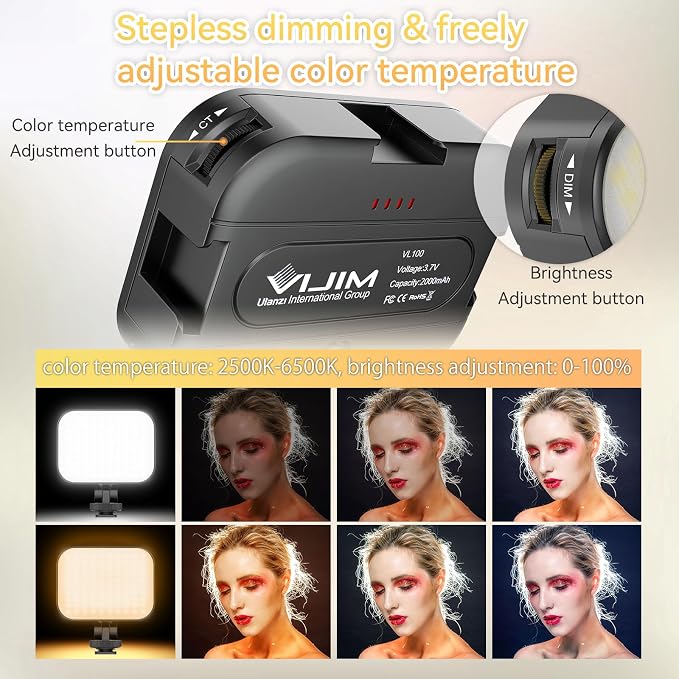 VIJIM VL100C 2 Pack Bi-Color on-Camera LED Video Light, 4 Cold Shoes CRI95 | with Dual Cold Shoe Mount Adapter, Mini Ball Head, Rechargeable 2000mAh Battery, Dimmable 2500-6500K, for DSLR Tripod Shoot - Image 2