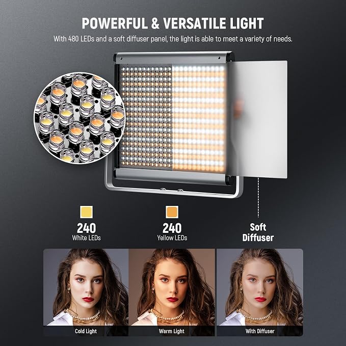 Neewer 2 Packs Dimmable Bi Color 480 LED Video Light Kit, 3200~5600K CRI 96+ LED Panel with U Bracket, 75 inches Tripod Light Stand for YouTube Recording Studio Photography Streaming Key Lighting - Image 3