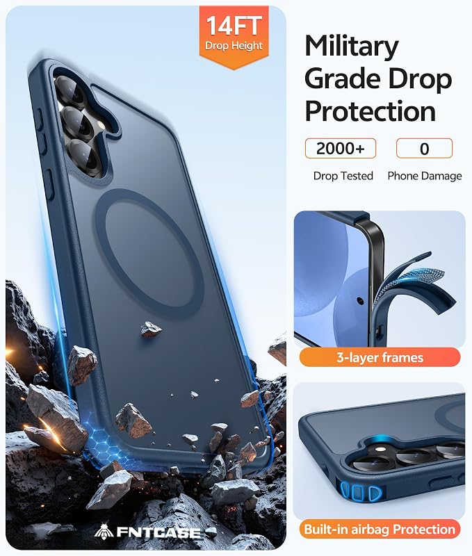 FNTCASE for Samsung Galaxy S25/S24 Case, Fit for Magsafe, Screen Protector | Translucent Matte Magnetic Back, 14FT Military Grade Drop Protection, Shockproof Protective Phone Cover, Blue - Image 5