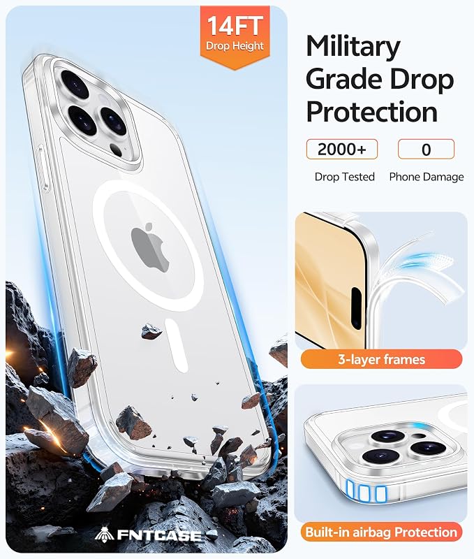 FNTCASE for iPhone 15 Pro Case Clear, Fit for Magsafe, Screen Protector | Anti Yellowing Magnetic Back, 14FT Military Grade Drop Protection, Shockproof Protective Phone Cover, Transparent - Image 5