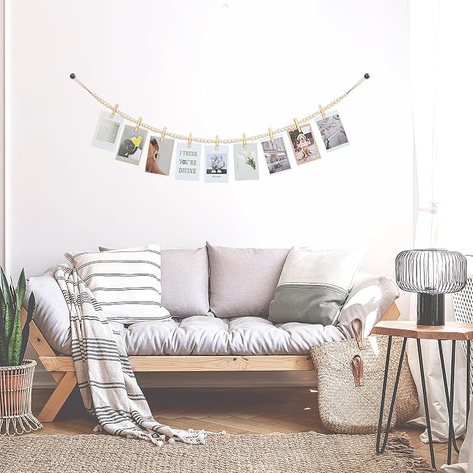 KLOGTSIND Hanging Photo Display, 3PCS Boho Wood Bead Garland Wall Decor | Photo Banner with 9 Wooden Clips for Bedroom, Living Room, Office, Dorm Decor, Pictures Postcards Holder Teen Girl Gifts - Image 6