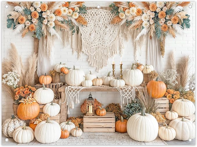Fabric 8x6ft Autumn Boho Pumpkin Backdrop Fall Harvest Banner | Thanksgiving Day Floral Photography Background, Family Girl Women Party Decorations, Wedding Baby Shower Photo Props by ZTHMOEBACKDROP