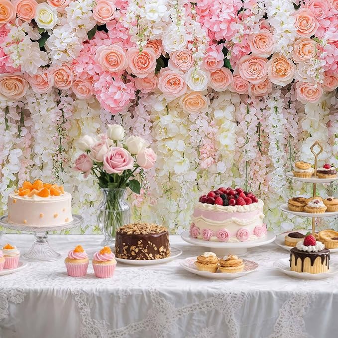 6x6ft Pink Rose Flower Wedding Photography Backdrop Spring Floral Photography Backdrop Valentine's Day Mother's Day Girl Birthday Baby Shower Wedding Bridal Party Banner Photo Booth Props Background - Image 2
