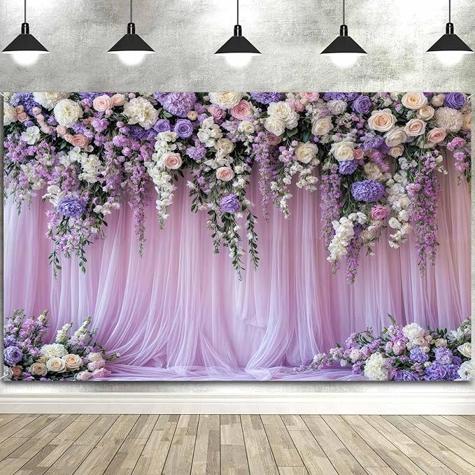 10x8ft Purple Lavender Floral Bridal Backdrop Wedding Flower Photography Backdrop for Girl Portrait Baby Shower Birthday Party Decor Banner Mother's Day Party Wall Backdrop Studio Photo Backgrounds - Image 3