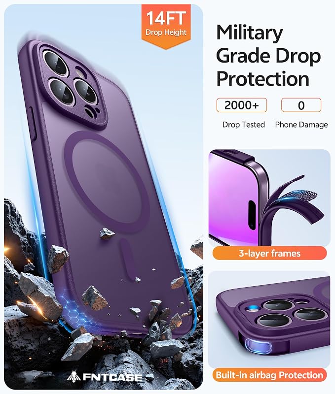 FNTCASE for iPhone 14 Pro Case, Compatible with Magsafe, Screen Protector | Full Camera Protection, Translucent Matte, 14FT Military Grade Drop Proof, Shockproof Protective Phone Cover, Purple - Image 5