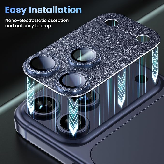 Uyiton for iPhone 17 Pro Max Camera Lens Protector, Metal Frame Glass Cover | Not Easy to Break, Strong Adsorption, Case-Friendly, Metal 9H Sapphire Glass Rear Camera Screen Cover, Glitter Blue - Image 7