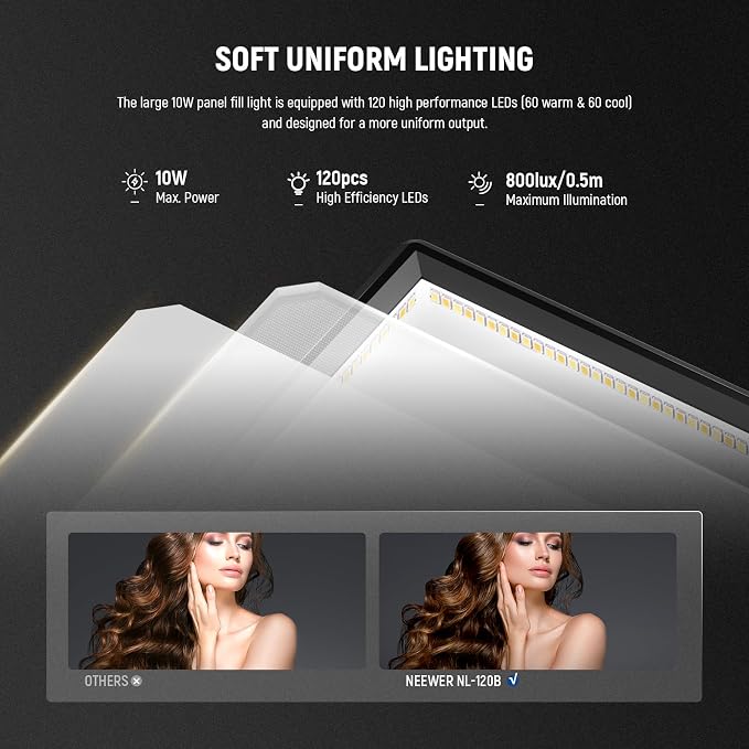 NEEWER Basics 9" LED Video Light Panel, 3200-5600K Edge Lit Dimmable Camera Soft Key Lighting, CRI95+ 800Lux 4000mAh Rechargeable for Video Recording Streaming Selfie Vlog Studio Photography, NL-120B - Image 3