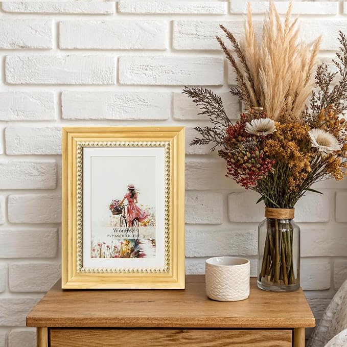 5x7 Picture Frame in Nature with Gold Beaded Border, Pine Wood with Real Glass, Display 5x7 Photos Matted to 4x6, Vertical and Horizontal Desk Tabletop or Wall Hanging - Image 8