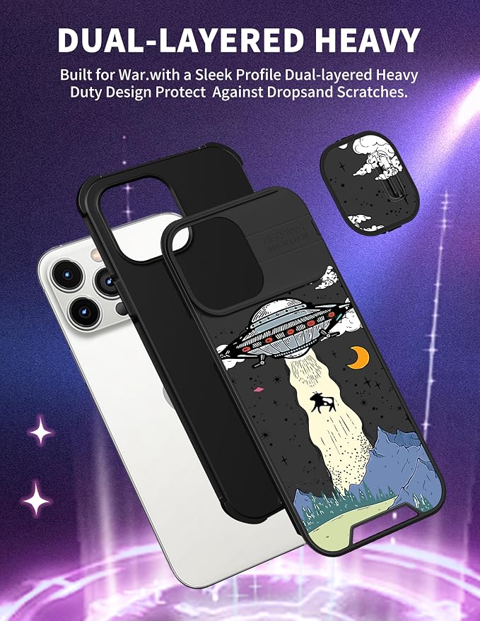 (2in1 for iPhone 14 Pro Max Case UFO for Women Cute Aliens Phone Cover Cool Universe Pattern Design with Slide Camera Cover Protective Fashion Boys Teens Cases for 14 ProMax 6.7'' - Image 5