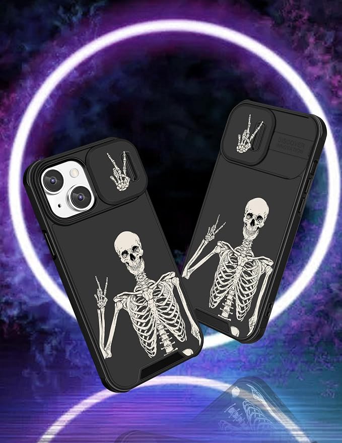 (2in1 for iPhone 12 Case Skull Skeleton for Women Cute Gothic Phone Cover Ghost Horror Design with Slide Camera Cover Protective Funny Spooky Boys Teens Cool Black Cases for iPhone12 6.1'' - Image 4