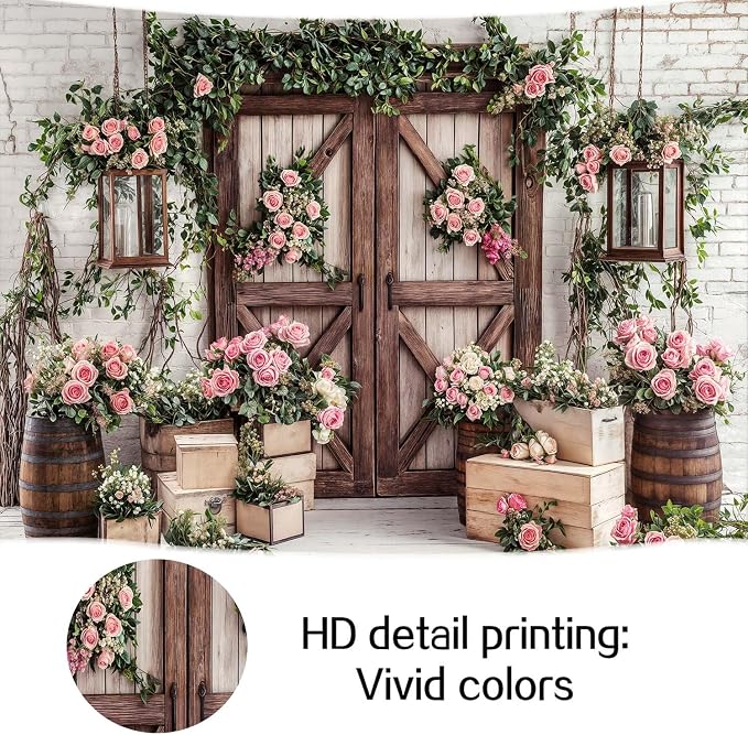 9x6ft Country Wedding Photography Backdrop Floral Rustic Roses Farmhouse Wooden Door Backdrop Pink Flower Birthday Baby Shower Wedding Bridal Party Banner Photo Booth Props Anniversary Background - Image 7