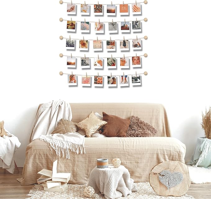 Hanging Photo Display Room Wall Decor - Sculptural Picture Frames Collage - 5 Strings with 30 Clips - 3M Self Adhesive Hooks - No Holes Drilling - 30 x 30 inch - Image 2