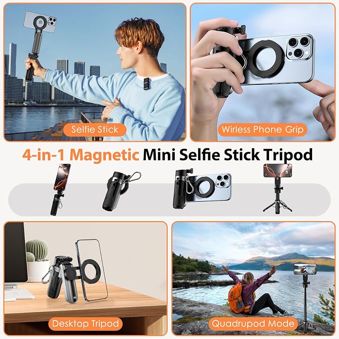 CloudValley Magnetic Mini Selfie Stick Tripod, 4-in-1 Pocket Size Phone Tripod with 360° Rotation, Choice Rechargeable Bluetooth Remote, Foldable Handle Grip, Compatible with MagSafe iPhone - Image 2