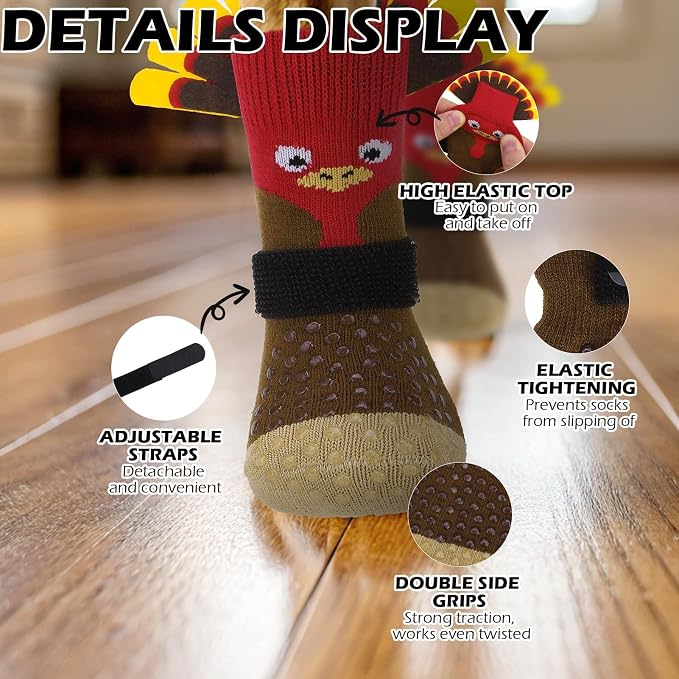 EXPAWLORER Thanksgiving Anti Slip Dog Socks to Prevent Licking Paws,Boots & Paw Protectors with Grippers,Doggie Booties for Hardwood Floors for Small Medium Large Senior Dogs Lifelike Costume Turkey M - Image 4
