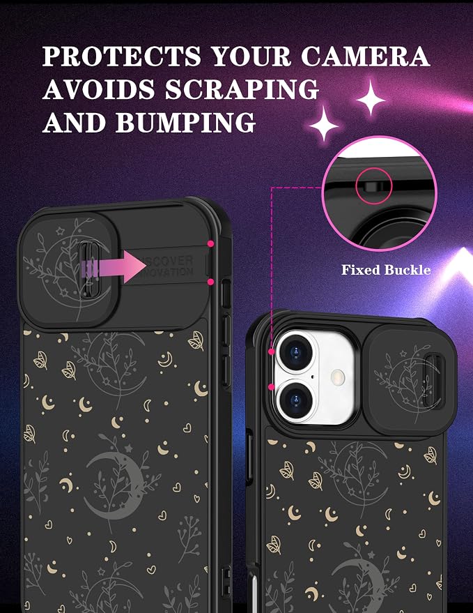for iPhone 16 Case - Women Cute Phone Cover Girly Pretty Fancy Unique Aesthetic Design Slide Camera Cover Protective Case for Apple for iPhone 16,Black Moon Stars - Image 3