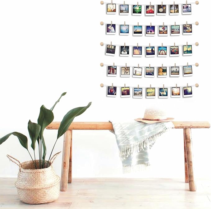 Hanging Photo Display Room Wall Decor - Sculptural Picture Frames Collage - 5 Strings with 30 Clips - 3M Self Adhesive Hooks - No Holes Drilling - 30 x 30 inch - Image 9
