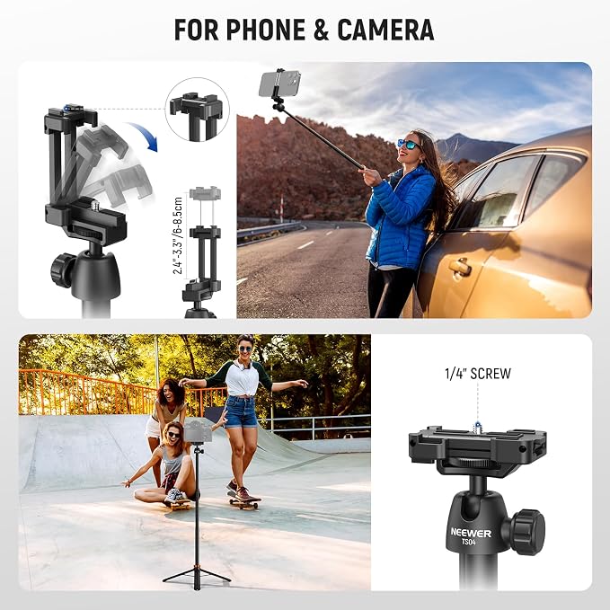 NEEWER Basics 59" Selfie Stick Tripod Compatible with iPhone Canon Sony | For DSLR Camera, Small, Metal, Portable Travel Desk Stand, for Video Recording, Filming, TS04 - Image 3