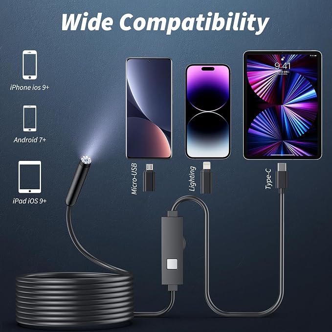 Endoscope Camera with Light,1920P HD Borescope Tools with 8 Adjustable LED Lights, Endoscope with Semi-Rigid Snake Camera, Inspection Borescope for iOS and Android-16.4ft Single Lens - Image 6