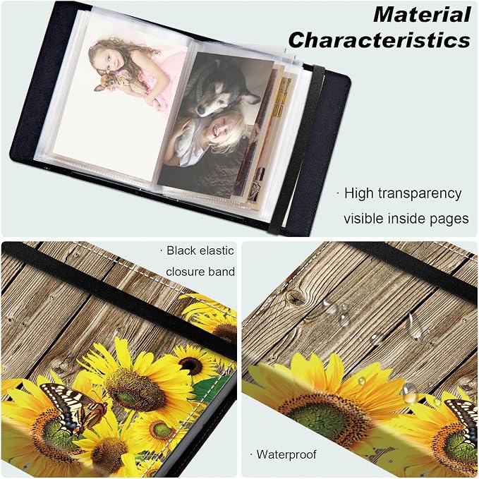 DEGDFSGR Small Photo Album 4x6 60 Pockets 120 Photos - Adventure Book Baby Photo Albums Photo Books for 4X6 Pictures Memory Book with Black Elastic Band for Photo Storage (Sunflower In Wooden, 4 X 6) - Image 5