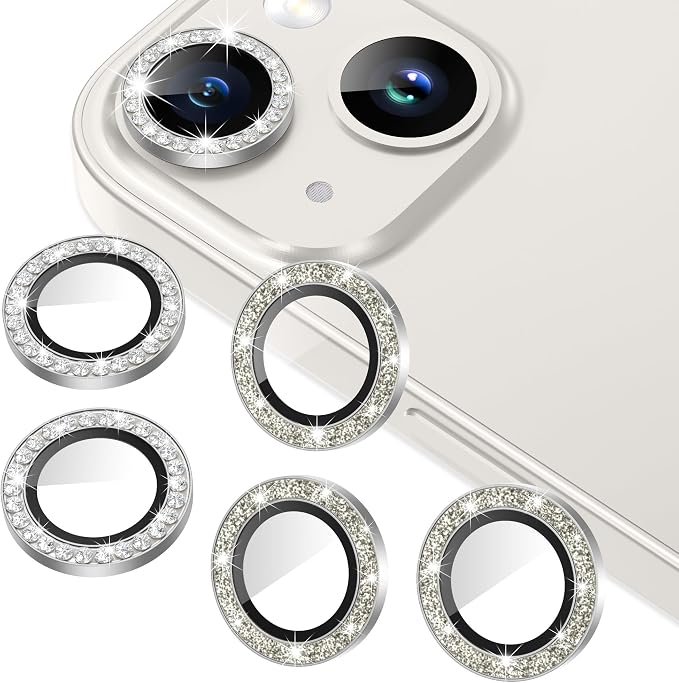 AGVEE 3+3 6 Pack for iPhone 14/14 Plus Camera Lens Protector Cover | Individual Bling Diamond & Bling Glitter Sparkle Cute Gem Metal Ring, 9H Tempered HD Glass by AGVEE