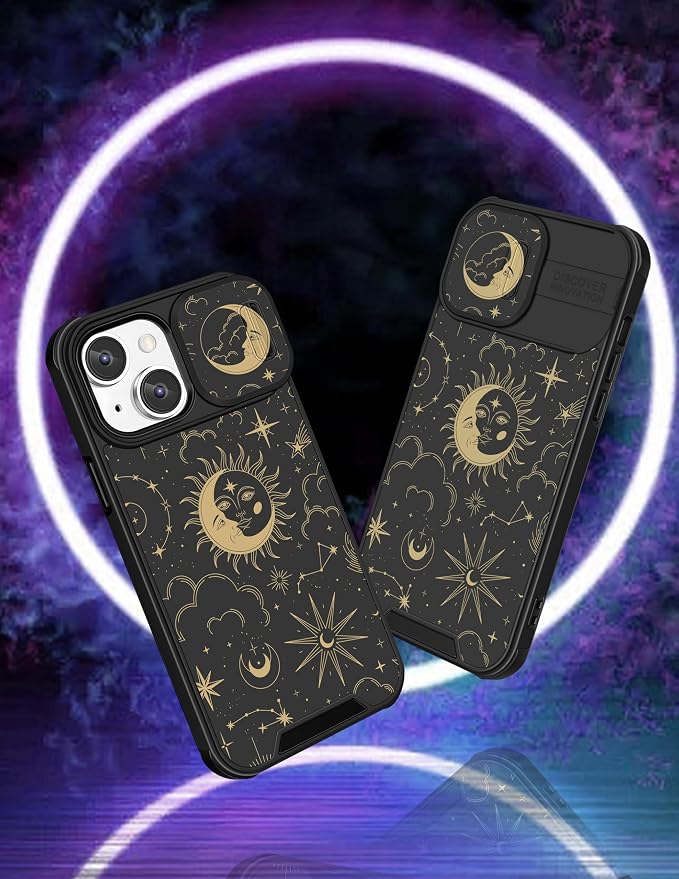 (2in1 for iPhone 14 Case Sun and Moon for Women Cute Stars Space Phone Cover with Slide Camera Cover Protective Fashion Golden Print Design Cases for iPhone14 6.1 inch - Image 4