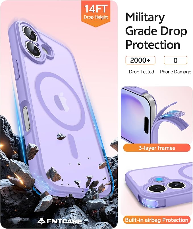 FNTCASE for iPhone 16 Plus Case, Fit for Magsafe, Screen Protector | Full Camera Protection, Translucent Matte, 14FT Military Grade Drop Proof, Shockproof Protective Phone Cover, Light Purple - Image 5