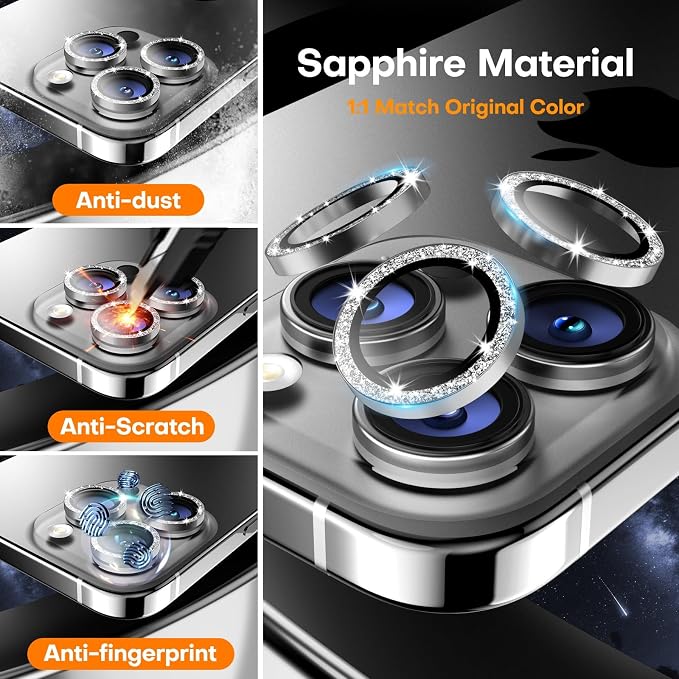 Camera Lens Protector for iPhone 16 Pro Max/16 Pro- Glitter White | 9H Tempered Glass, Metal Individual Camera Cover, Accessories, Anti-drop, Case Friendly, HD Clear, Anti-Scratch - Image 3