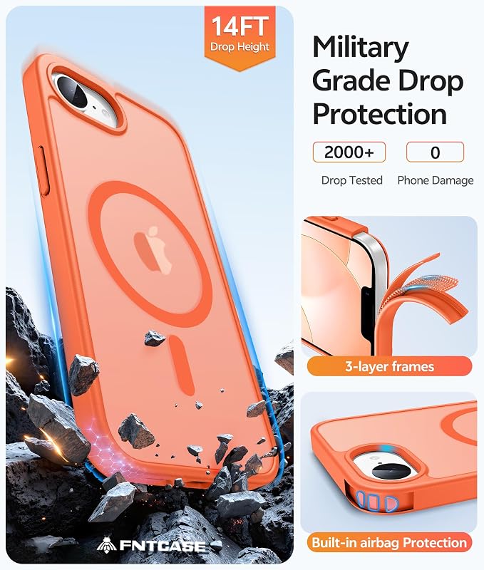 FNTCASE for iPhone 17e/ iPhone 16e Case, Fit for Magsafe, Screen Protector | Translucent Matte Magnetic Back, 14FT Military Grade Drop Protection, Shockproof Protective Phone Cover, Orange - Image 5