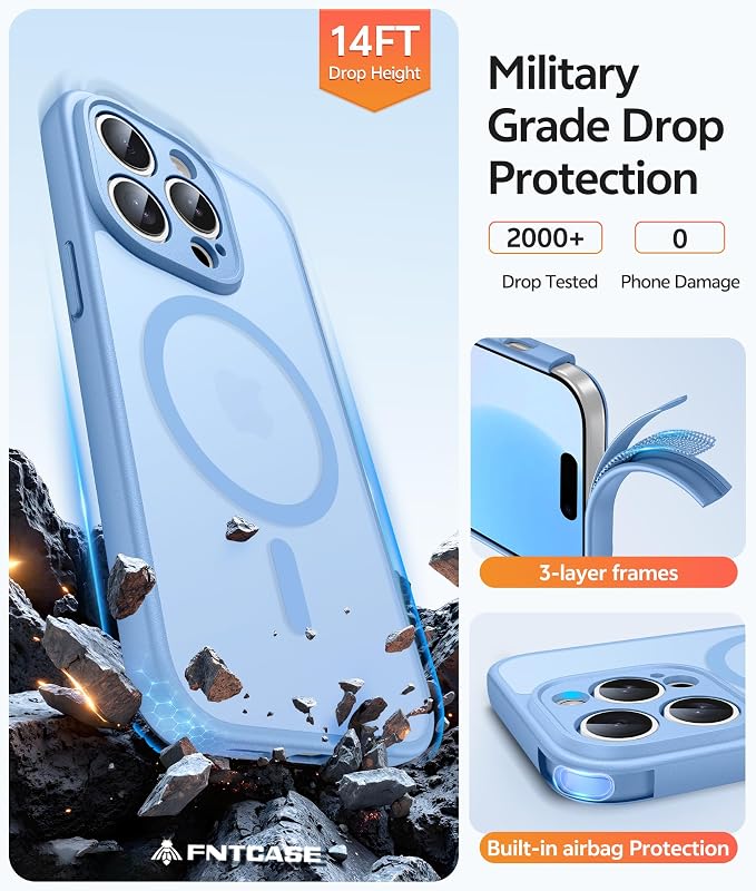 FNTCASE for iPhone 14 Pro Max Case, Fit for Magsafe, Glass Screen Protector | Full Camera Protection, Translucent Matte, 14FT Military Grade Drop Proof, Shockproof Protective Phone Cover, Light Blue - Image 5