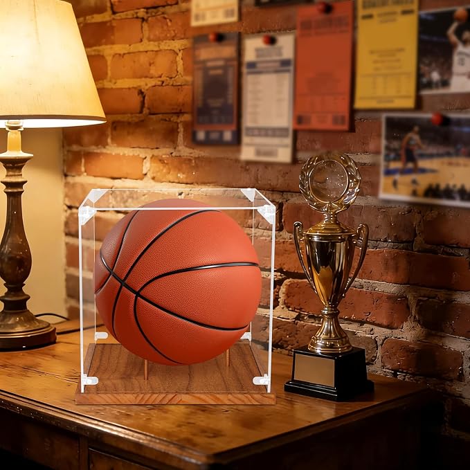 Clear Acrylic Basketball Display Case with Wood Base & Tee, Memorabilia Stand Cube Holder, Dust Protection Transparent Storage Box for Single Ball Souvenir Basketball Collections - Image 7