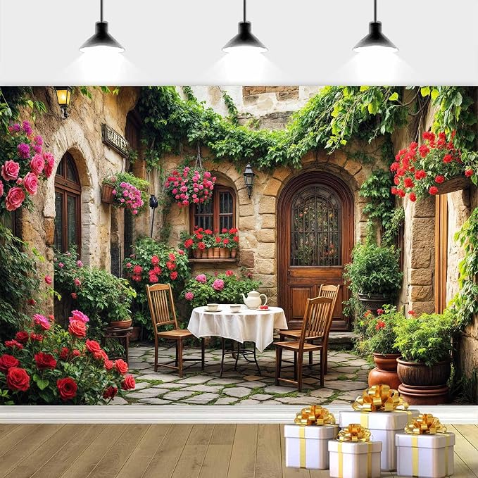 6X4ft Italian Theme Backdrop Italy Town Street Backdrop for Photography, Europe Village Town Landscape Photography Background Garden Tea Party Barnner Photo Studio Props, Color-1 by DRGILAU