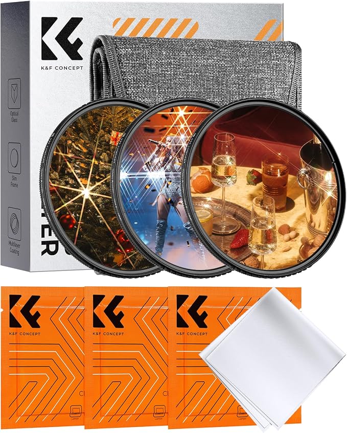 K&F CONCEPT 55mm Star Filters Kit 3pcs 4+6+8 Points Starburst Filters Set | 18 Layer Coating Ultra Slim Optical Glass Camera Lens Filter with 3 Cleaning Cloth Nano-K Series FS306 by KFCONCEPT