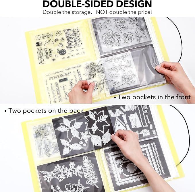 2 Pack Large Sticker Photo Storage Album, Stamp & Cutting Dies Storage Book Organizer Folder for Cards Storage DIY Scrapbooking Card Making Supplies 20 Pages 80 Pockets/Pack (Clear + Yellow) - Image 7