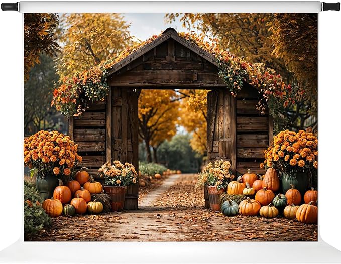 Kate Fall Backdrop Thanksgiving Backdrops for Photography Fall Maple Leaves Pumpkin Barn Door Backgrounds, 10x6.5ft - Image 2