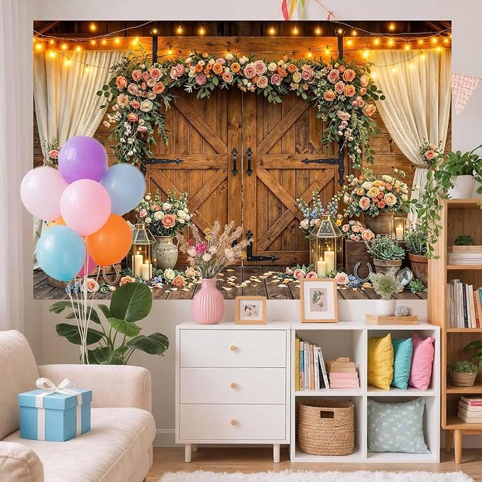 15x10ft Western Wedding Backdrop Rustic Barn Door Photography Backdrop Farmhouse Pink Flower Cabin Wooden Birthday Baby Shower Country Anniversary Bridal Party Banner Photo Booth Props Background - Image 3