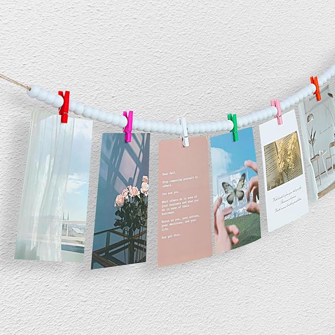 KLOGTSIND Hanging Photo Display with Clips, Wood Bead Garland Wall Decor | Photo String Banner with 10 Clips for Bedroom Room Dorm Cubicle, Picture Cards Artwork Display, Christmas Teen Girls Gifts - Image 4