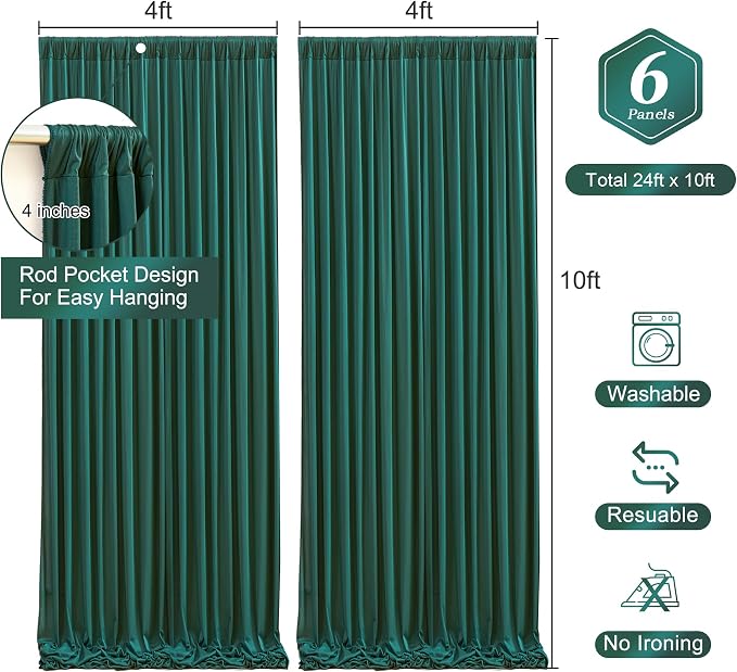 Hunter Green Backdrop Curtain-Wrinkle-Free Polyester Fabric Green Photography Curtains for Wedding Party Photo Background Decorations- 24 X10FT (Hunter Green) - Image 3