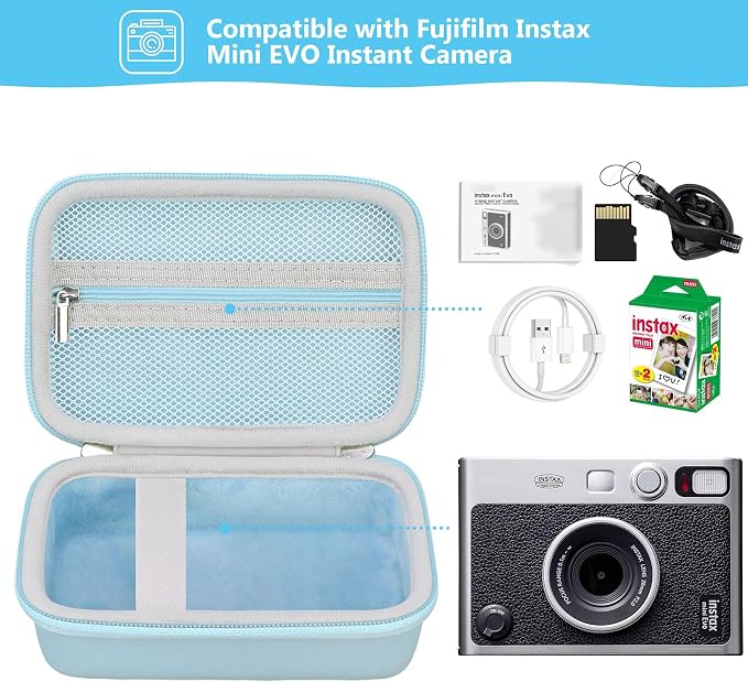 Carrying Case Compatible with Fujifilm Instax Mini EVO Instant Camera, INSTAX MINI EVO Camera Storage Holder Travel Bag with Mesh Pocket for Photos, USB Cables, Film, Blue - Image 2